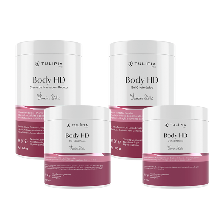 KIT BODY HD-GOMA ESFOLIANTE, CREME HIPEREMIANTE, GEL CRIOTERÁPICO, CREME REDUTOR